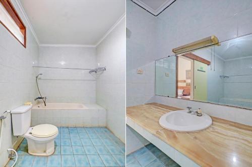 two pictures of a bathroom with a sink and a toilet at Capital O 93236 Hotel Hapel Negara in Banyubiru