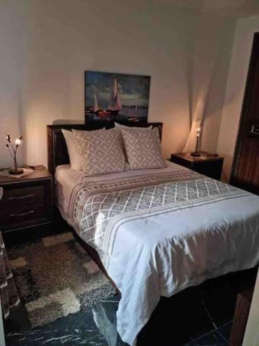 une chambre avec un grand lit et deux tables de nuit dans l'établissement A louer Appartement 2 pièces à Rosny-sous- Bois, à Rosny-sous-Bois