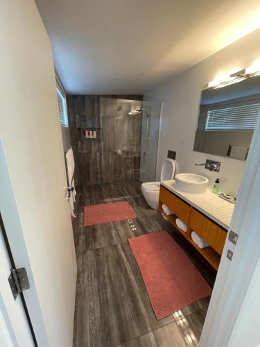 y baño con ducha, aseo y lavamanos. en Lake view apartment La Hay 66, en Queenstown