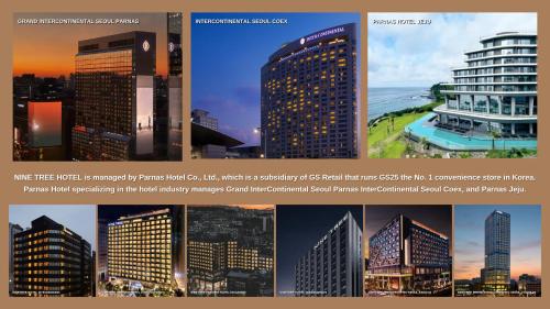 un collage de photos d'une ville avec des gratte-ciels dans l'établissement Nine Tree Premier Hotel Myeongdong 2, à Séoul