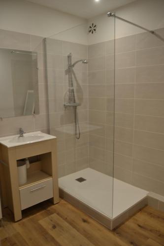 een badkamer met een glazen douche en een wastafel bij Marguerite in Saint-Malo