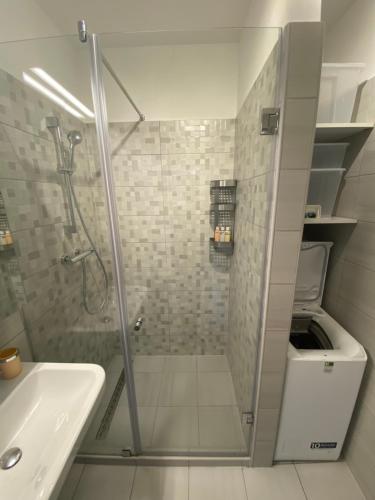 a shower stall in a bathroom with a sink and a toilet at Sano Apartman in Budapest