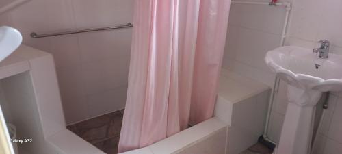 eine Dusche mit rosa Duschvorhang neben einem Waschbecken in der Unterkunft Loversnest Self Catering in Anse aux Pins