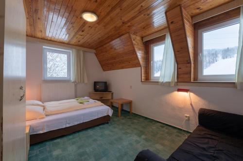 リポヴァー・ラーズニェにあるChata Miroslavのベッドルーム1室(ベッド1台、窓2つ付)