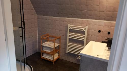 De ValomにあるB&B t'bûtefjildのバスルーム(シャワー、シンク、タオル付)