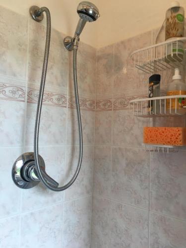 La salle de bains est pourvue d'une douche avec un pommeau de douche. dans l'établissement Casa RODA Umbria 1Km da Toscana, à Castiglione del Lago