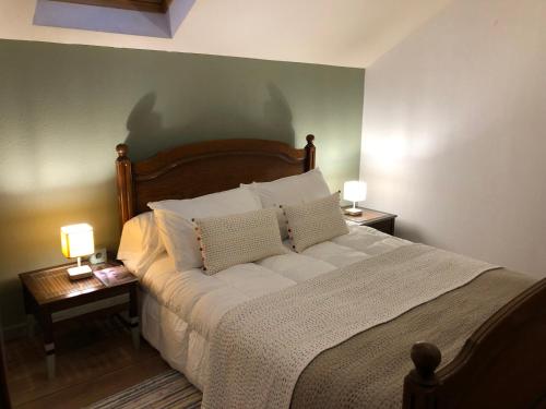 una camera da letto con un letto grande con due lampade sui tavoli di La Forge d'Espy a Illier-et-Laramade