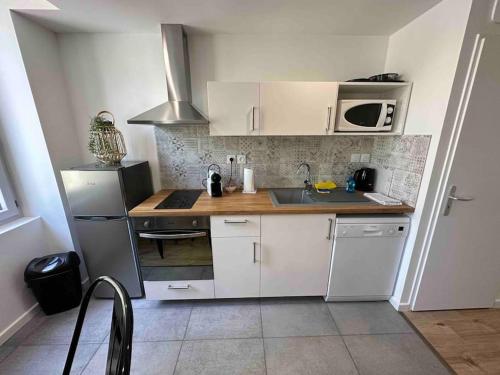 a kitchen with white cabinets and a stainless steel refrigerator at Appartement Vignes Vienne nord in Vienne