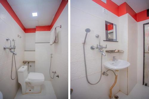 - deux photos d'une salle de bains avec toilettes et lavabo dans l'établissement RINGJI PALACE, à Kakarvitta