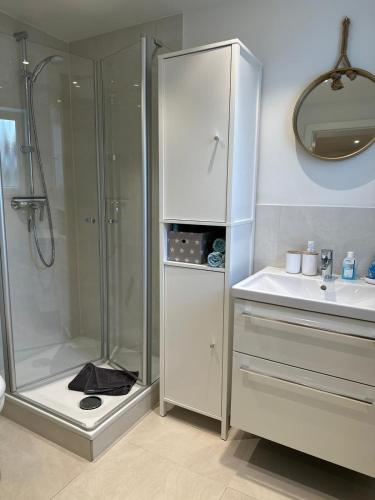 a bathroom with a shower and a sink at LouNa in Flensburg