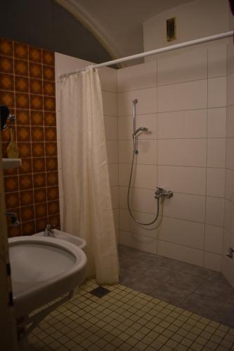 a bathroom with a tub and a shower with a shower curtain at Plaunerhaus 47 in Sankt Marein bei Graz