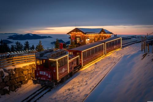 a train is on the tracks in the snow at Hotel Försterhof lebe pur, genieße den Tag in St. Wolfgang