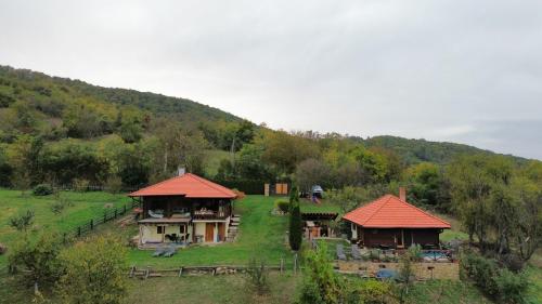 a house in a field next to a mountain at Apartmani Lunija in Gornji Milanovac
