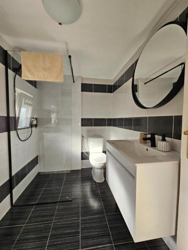 La salle de bains est pourvue de toilettes, d'un lavabo et d'un miroir. dans l'établissement Orchid House with free parking, à Zagreb