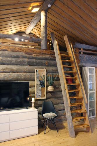 a living room with a tv and a wooden wall at Lapland Cabin Vonkamies in Luosto