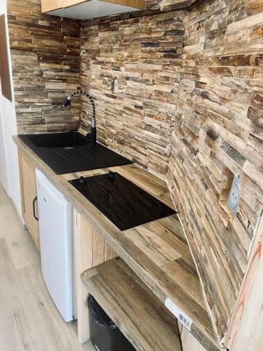 une cuisine avec un évier et un mur en pierre dans l'établissement Studio lumineux avec casier à ski, à Villard-de-Lans