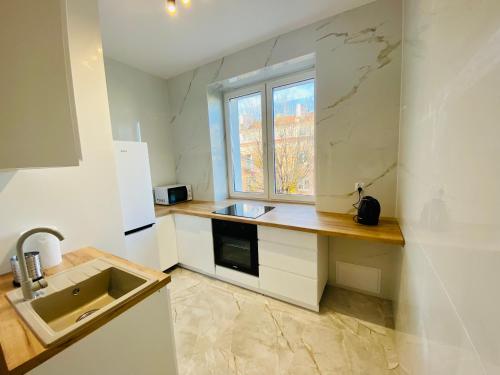 una pequeña cocina con fregadero y ventana en Gold Apartament, en Świdnik