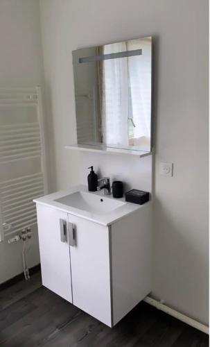 une salle de bain blanche avec un lavabo et un miroir dans l'établissement Appartement cosy et bien équipé, à Nanterre
