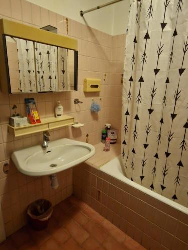 a bathroom with a sink and a tub and a shower curtain at City Center Promo in Brussels