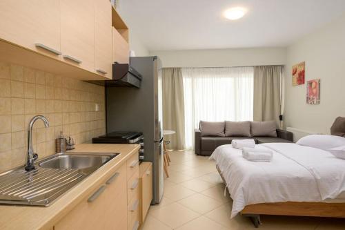 Una cocina con fregadero y una cama en una habitación. en DIEM Studio, en Ioannina