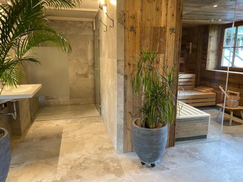 une salle de bains avec deux plantes en pot dans une pièce dans l'établissement Hotel Edelweiss Kitzbühel, à Kitzbühel