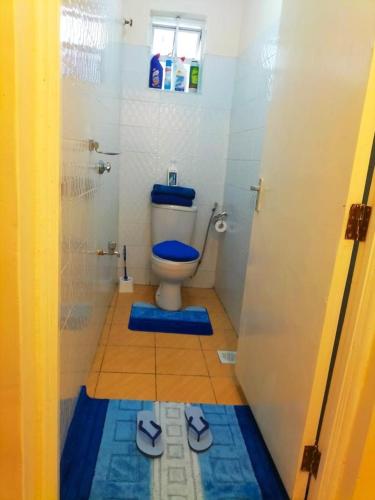 a bathroom with a toilet with blue mats on the floor at Jantabase Homes kisumu in Kisumu