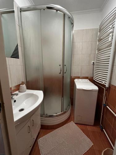 uma casa de banho com um chuveiro, um lavatório e um WC. em Backstage em Gyor