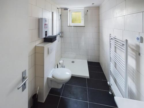 La salle de bains blanche est pourvue de toilettes et d'un lavabo. dans l'établissement Aldorf 4, à Alsdorf