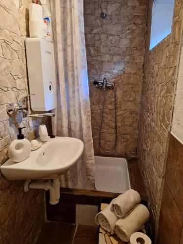 y baño con lavabo y ducha. en Chata Vlkolínec, en Ružomberok