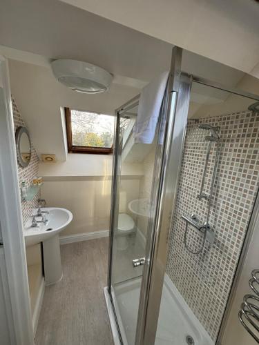 a bathroom with a shower and a toilet and a sink at Rylands Farm Guest House in Wilmslow