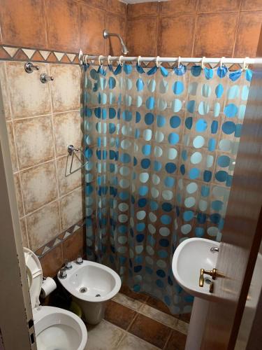 a bathroom with a toilet and a shower curtain at Derby Home Hotel in Buenos Aires