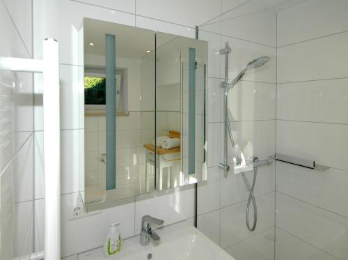 a bathroom with a shower and a sink with a mirror at Apartmenthaus Ahorn in Mittelberg