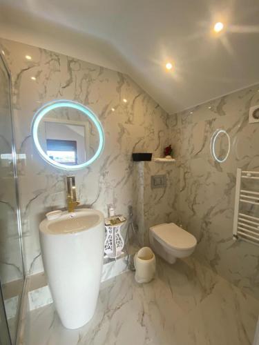 a bathroom with a sink and a toilet and a mirror at Ami Residence Bucharest Airport&Therme&Parking in Otopeni