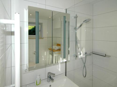 W łazience znajduje się prysznic i umywalka z lustrem. w obiekcie Mittelberg Ferienwohnung w mieście Mittelberg