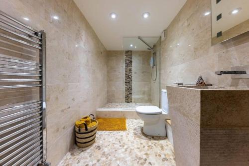 諾里奇的住宿－58D Earlham Road，浴室配有卫生间、盥洗盆和淋浴。