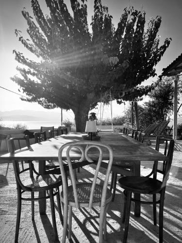 a wooden table with chairs and a tree at Lichada Villas in Likhás