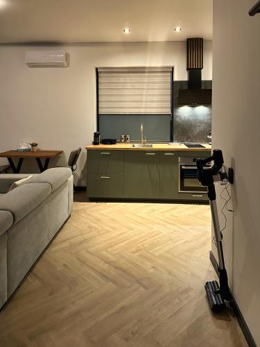 a living room with a couch and a kitchen at Luxe appartement dichtbij centrum C in Drachten
