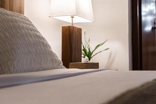 a bedroom with a bed with a lamp and a plant at Eraeliya Villas & Gardens in Weligama