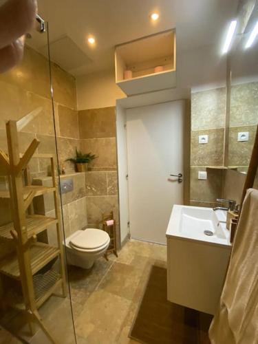 une salle de bain avec toilettes et lavabo dans l'établissement Appart cosy au calme, dans le centre de Bandol, à Bandol
