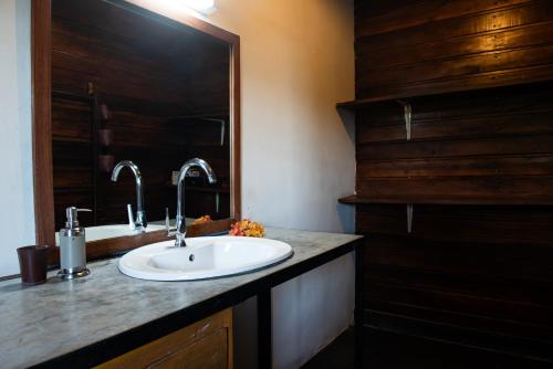 a bathroom with a white sink and a mirror at Banana Moon in Ambatoloaka