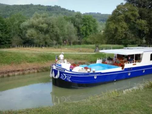 un bateau bleu et blanc sur une rivière dans l'établissement Appartement cosy, à Lézinnes