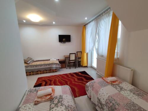 a room with two beds and a table and a television at Hotel Vyšehrad in Turčianske Teplice