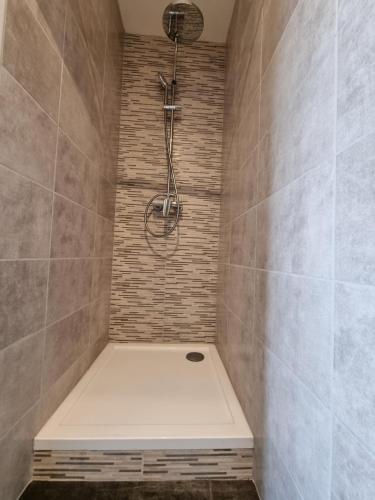 a bathroom with a shower in a tiled wall at Escapade Beaujolaise - Studio in Taponas