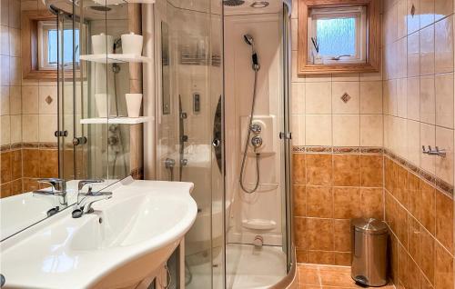 y baño con lavabo y ducha. en Cozy Home In stby With House A Panoramic View, en Trysil