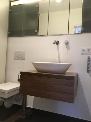 a bathroom with a sink and a toilet at SweetSuites 40A Lavendelhaus in Mühlhausen