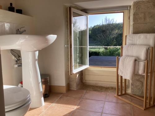 uma casa de banho com um lavatório, um WC e uma janela. em La Ruche em Theil-Rabier