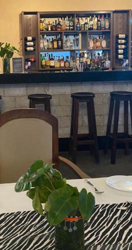 a table with a potted plant on a table with a bar at Indiana Beach Apartments in Bamburi