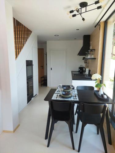a kitchen with a black table and black chairs at HERBALIJA Apartment Amalija - in the embrace of wellbeing in Podčetrtek