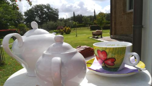 a table with a tea pot and a cup on it at Agriturismo La Dependance in Sorano