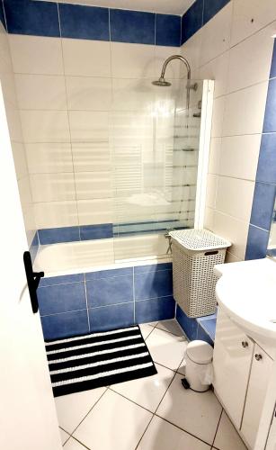 La salle de bains bleue et blanche est pourvue d'une baignoire et d'un lavabo. dans l'établissement Washington Mangeard, au Mans